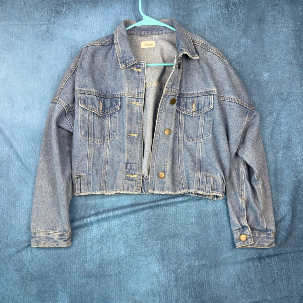 Mono B Womens Cropped Denim Jacket Light Wash Blue Elastic Back Raw Hem Small